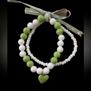 St Patrick’s Day Green and White Beaded Heart Bracelet Set